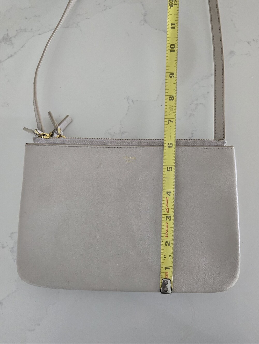 Celine Trio Beige Leather Crossbody Shoulder Bag Khaki Tan Gold Hardware - Picture 12 of 13